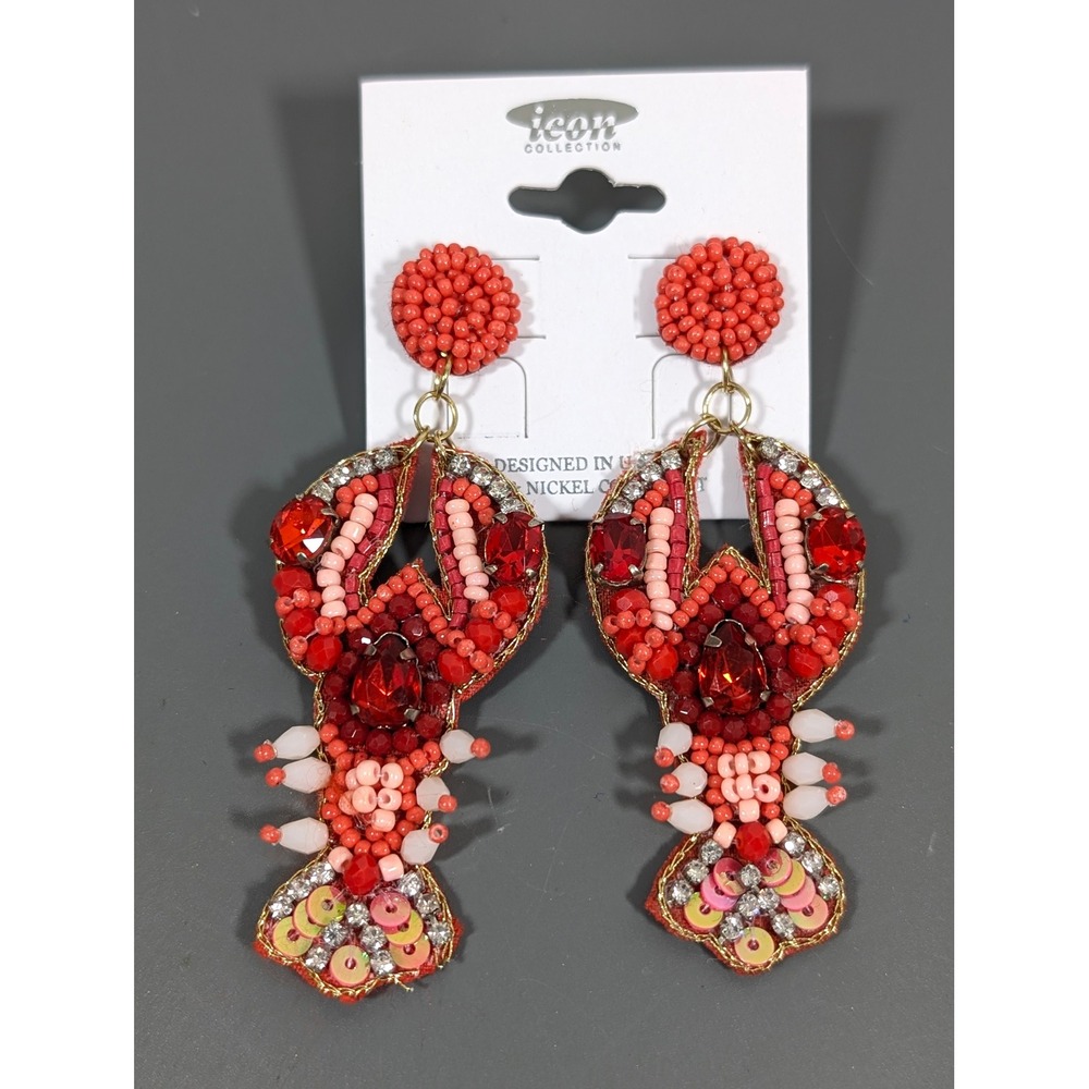 Red Beaded Lobster Statement Earrings Sequin Rhinestone Nautical Dangle NWT